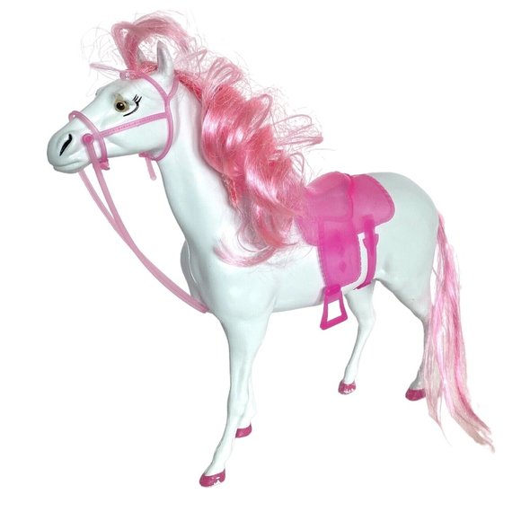 White Blow Mold Horse With Pink Hair Hooves Saddle Bridle 11in Tall - Picture 1 of 16